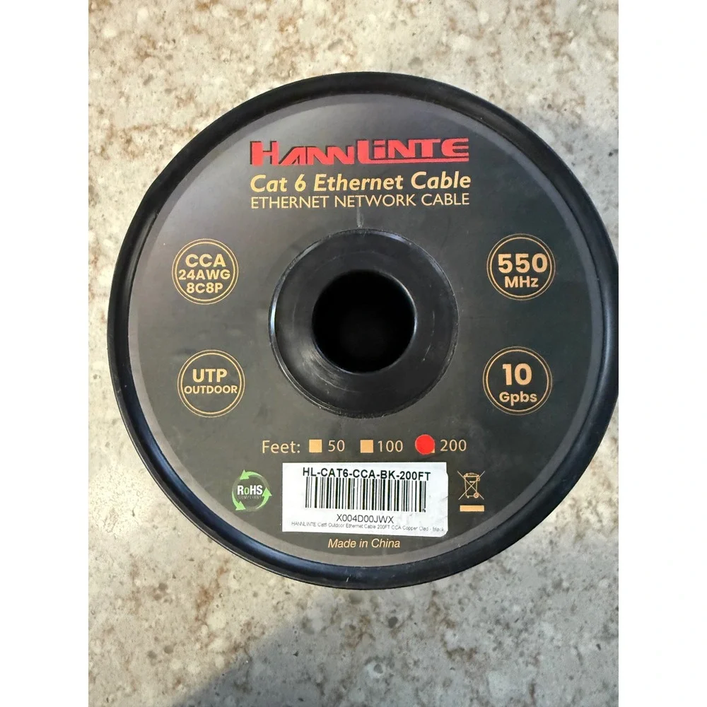 HANNLINTE Cat 6 Outdoor Ethernet Cable 200FT Black 24AWG 550MHz HL-CAT6-CCA-BK‎